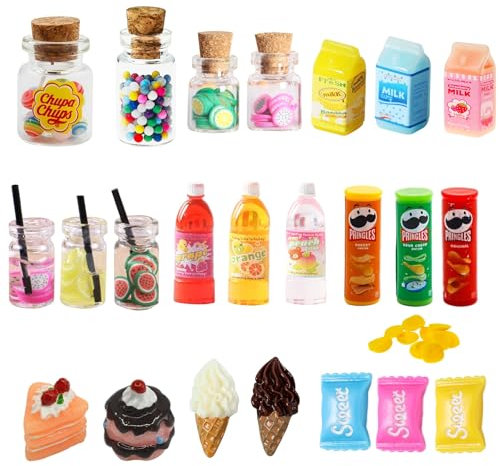 Wichtel Zubehör Küche - 24 Stück Miniatur Essen und Trinken Set, 1/12 Puppenhaus Zubehör, Harz Lebensmittel, Deko Süßigkeitenstände für Wichteltür Weihnachten