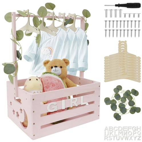 Baby Shower Crate Closet with 10 Hangers & Green Garland, Wooden Baby Basket with Handle Baby Storage Crate Hamper Decorative Baby Clothes Rack for Newborn Baby Shower Pregnancy New Parent Gifts(pink)
