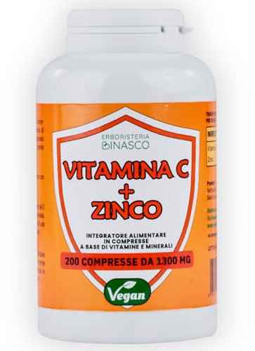 Titolo: Vitamina C 1000mg + Zinco, Acido Ascorbico, 200 Compresse (6+ mesi), 1 al Giorno, Vegan Vitamina C Pura Dose Forte, Integratore Alimentare senza Additivi. Erboristeria Binasco®, Made in Italy