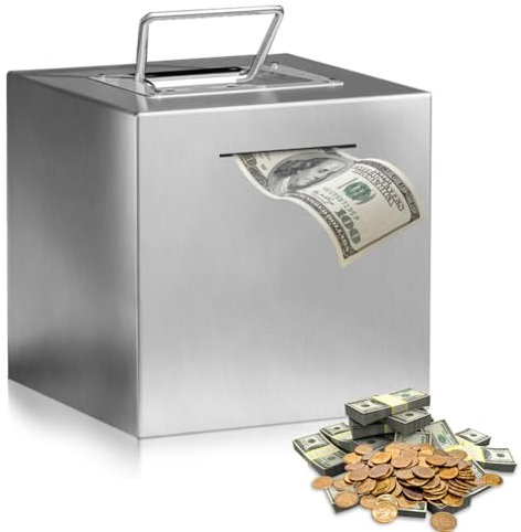 Salvadanaio per adulti in acciaio inox, grande XXL, con manico, non apribile, grande per 10000 euro, in metallo, per bambini (15 cm)