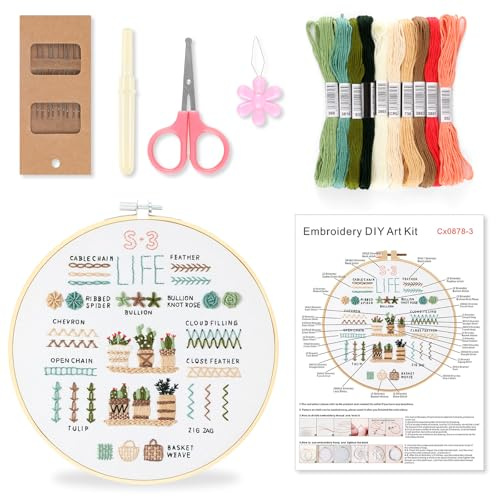 inzeyoz Embroidery Kit for Beginners, Cross Stitch Kits to Learn 12 Basic Embroidery Stitches with Embroidery Patterns, Hoop, Threads and Tools(Style 3)