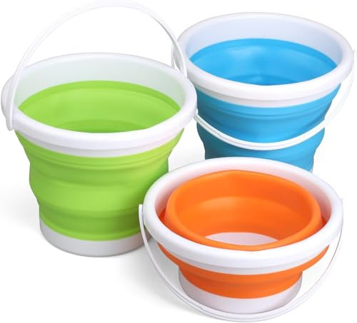 LATERN 3 Pezzi Secchielli Pieghevoli in Silicone, 3L Jumbo Secchielli per Giocattoli da Spiaggia Secchielli per Acqua con Manico per Giardinaggio Viaggi Pesca Pulizia Campeggio (Blu, Verde, Arancione)