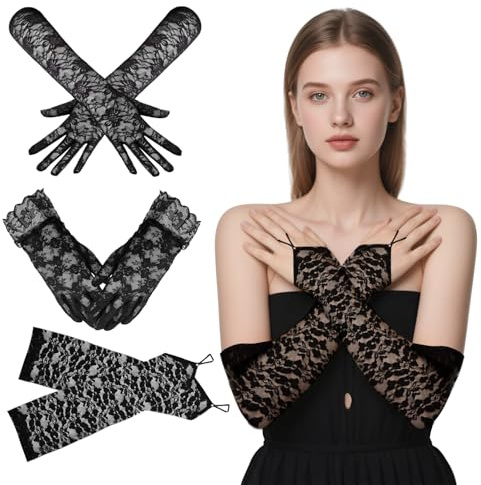 Lufdegim Lot de 3 paires de gants en dentelle pour femme - Noir - Pour Halloween, mariage, mariée, carnaval, thé, fête, costume