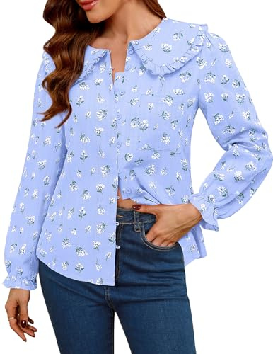 LOOKBOHO Women's Spring Long Sleeve Shirts Peter Pan Collar Button Down Blouse, Lightweight Cotton Tops, Elegant Work & Casual Wear, Puff Sleeve Fall Tops Blue Floral Large