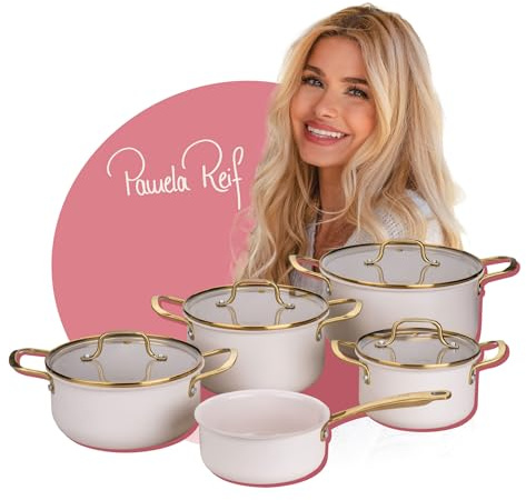 Fackelmann x Pamela Reif Kochtopf-Set 9-tlg. – Recyceltes Aluminium, Pastell Beige, inkl. Glasdeckel, PFAS-freie Keramikbeschichtung, Induktionsgeeignet