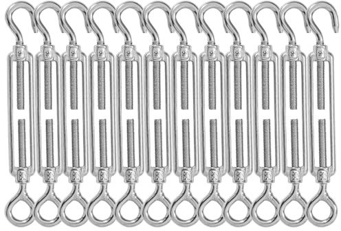 High-PQ Stainless Steel Turnbuckle Tensioner, Heavy Duty Turnbuckles, Hook and Eye Turnbuckle for Cable Tent Installation Sun Shade Gardening Decoration(M5,12PCS)