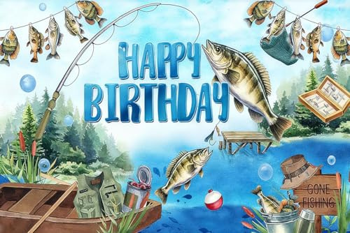 Toile de fond d'anniversaire de pêche, Gone Fishing Happy Birthday pour garçons, hommes, décorations de fête d'anniversaire de pêcheur, décorations à suspendre pour intérieur et extérieur, 1,8 x 1,1 m