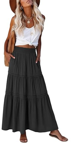 ANRABESS Maxi Skirt for Women Casual High Waisted Elastic Flowy Tiered Boho Long Skirts 2026 Summer Beach Vacation Clothes Black Medium