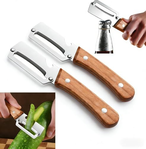Multi-Functional Vegetable Peeler for Kitchen, 2026 New Ultra-Sharp Stainless Steel Peelers for Kitchen with Wooden Handle and Bottle Opener for Vegetables or Fruits that Need to Be Peeled (2Pcs)