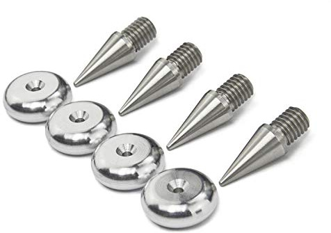 PrecisionGeek® M8 Compact Högtalarspikar 10 mm & Pads — Rostfritt stål — Dynor 20 mm Rund Naturlig