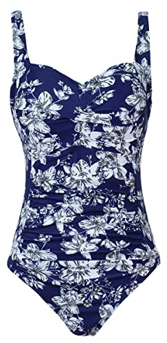 Aidotop Womens One Piece Swimsuit Tummy Control with Ruched Monokinis Tribal Swimsuits (Blue White Flower, XL)
