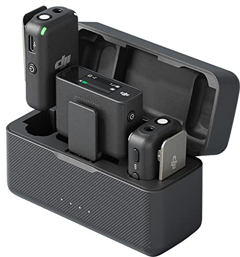 DJI Mic (2 TX + 1 RX + Charging Case), Wireless Lavalier Microphone, 250m (820 ft.) Range, 15-Hour Battery, Noise Cancellation Wireless Microphone for PC, iPhone, Record Interview, YouTube, Black