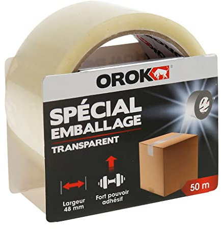 OROK - Ruban adhésif d'emballage - Adhésif d'emballage transparent, ruban adhésif déménagement - 50m x 48mm - Haute résistance, fort pouvoir adhésif - Usage intérieur - Colis légers/mi-lourds