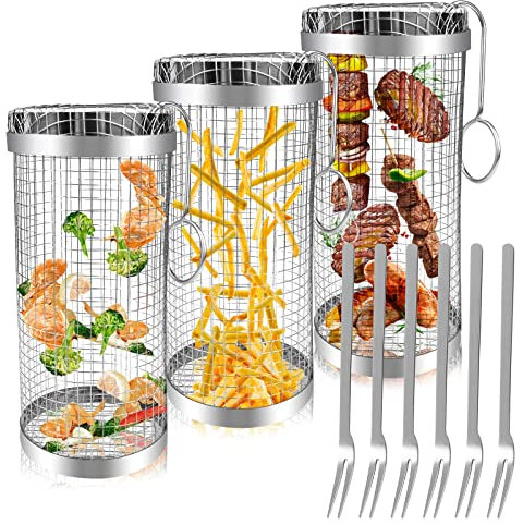3 Stück Rolling Grillkorb,Grillkorb Edelstahl mit 6 Gabel,Rollender Grillkorb,Grill Korb mit Griff,Grill Rack Rund Grillhalter Rotisserie BBQ Grillkorb,Grillkochzubehör Für Außengrill Gemüse Camping