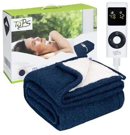 TOPS Electric Blanket, Heated Throw Blanket 180 x 130cm, 20-48℃ Heat Settings, 1-12 Hours Auto-off Timer, Warm Sherpa Double Bed Warmer, Overheat Protection, Machine Washable