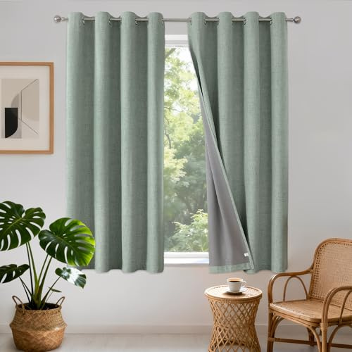 Joydeco 100% Rideau Occultant Thermique Isolant Anti Froid et Chaleur 140x175cm 2 Pièces, Rideaux Opaques Effet Lin à Oeillets Anti UV Anti Bruit, Decoration Chambre Maison Salon - Vert Sauge