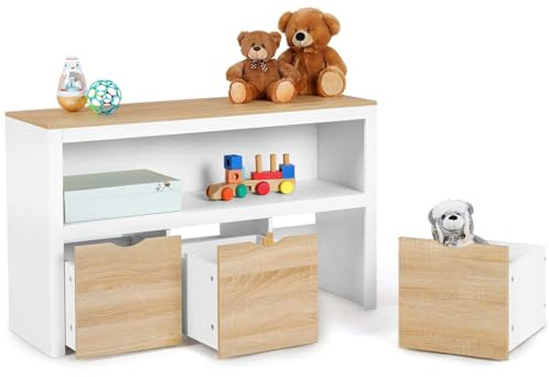 IDMarket - Contenitore per bambini MANA bianco e faggio con 3 cassetti a cubo su rotelle
