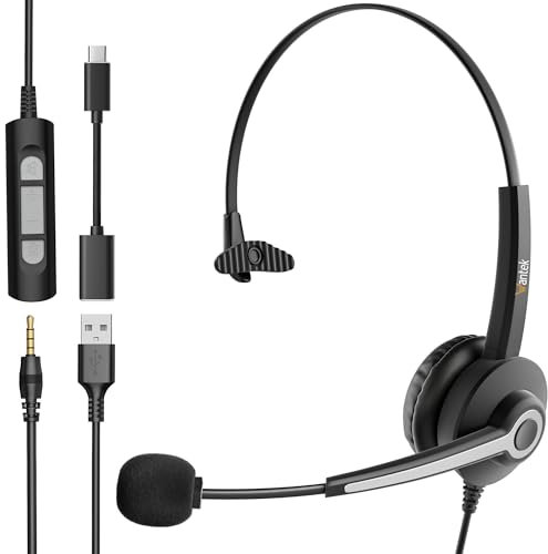 Wantek Auriculares Mono con Micrófono con Cancelación de Ruido, USB/Tipo-c/Conector de 3,5 mm Auriculares USB 3 en 1, Control de Volumen de Auriculares de una Oreja para Centro de Llamadas, Skype, Zo