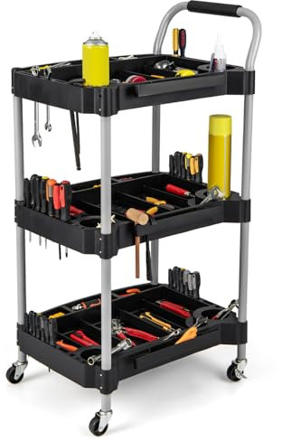 GYMAX Carro de Herramientas de 3 Niveles, Móvil con Asa, Ranura de Almacenamiento, Ruedas Universales, Organizador Resistente para Garaje, Barbería, Salón de Belleza, Taller