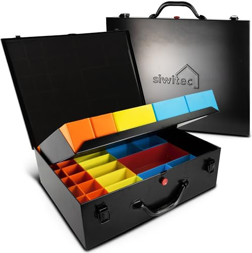 siwitec Stahlblechkoffer mit 46 tlg. Sortimentskasten mit 2 Böden, 43,6 x 33 x 13,2 cm, Sortierbox aus Edelstahl, Werkzeug Organiser, Sortierkasten Werkzeugkoffer leer, Kleinteilekoffer mit Einsätzen