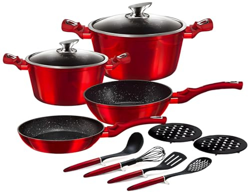Avilia Batería de 12 ollas y sartenes antiadherentes de 24 – 28 cm de aluminio rojo y tapas de cristal templado y 4 utensilios de cocina – Ideal para placa de cocción de gas, inducción, eléctrica y