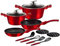 Avilia Batería de 12 ollas y sartenes antiadherentes de 24 – 28 cm de aluminio rojo y tapas de cristal templado y 4 utensilios de cocina – Ideal para placa de cocción de gas, inducción, eléctrica y