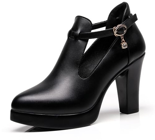Platform Heels for Women Chunky Block High Heel Closed Square Toe T-Strap Mary Jane Pumps Casual Dress Shoe (Black 9CM,8.5)