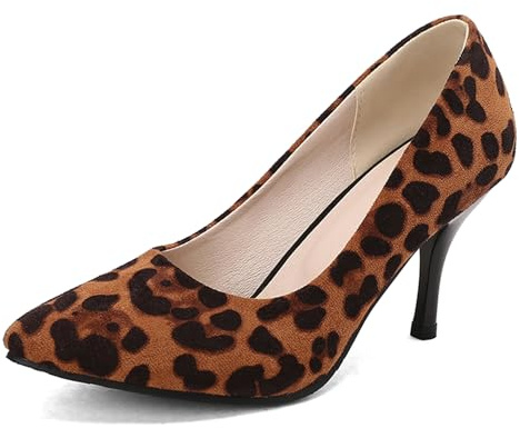 Lizoleor Decollete Donna Tacco A Spillo Alto Punta Senza Chiusura Business Moda Camoscio Marrone-Leopard Numero 35 EU