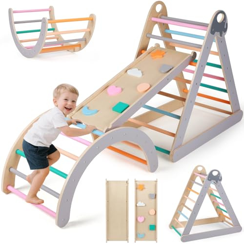 KIDINIX Klettergerüst Indoor, 7-in-1 Montessori Kletterdreieck mit Kletterbogen und Rutsche, Holz-Dreieckset für Kleinkinder und Kinder 1-6 Jahre