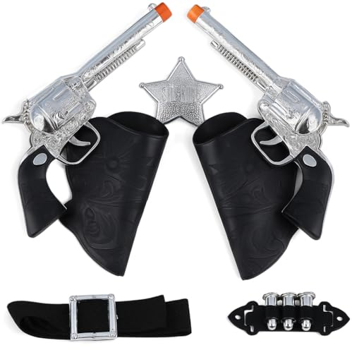 Western Wild West Cowboy Sheriff 7-Piece Accessory Set with 2x Toy Gun with Holster + Belt + Bullets + Badge, Cowboy Cowgirl Pretend Role Play Theme Party Fancy Dress Playset