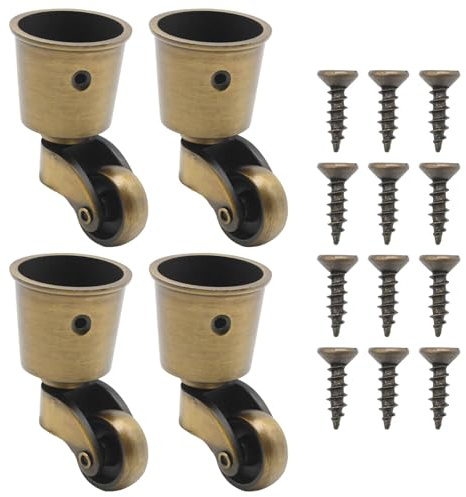 Anxingo 4 PCS Antique Brass Caster Cups, 2.6 x 1.5 Inch Cast Zinc Alloy Wheels, 360 Degree Swivel Pulleys, Suitable for Classical Furniture, Piano Legs, Coffee Tables, Bookshelves
