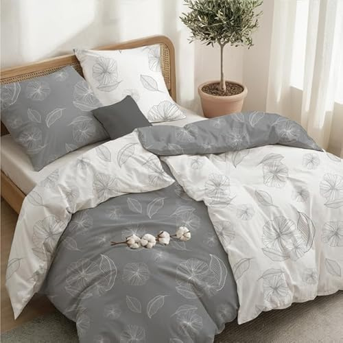 Dreamzie Bettwäsche 135x200 Baumwolle 4-teilig - Ginkgo Grau - 2 Bettbezug 135x200 + 2 Kissenbezug 80x80 - Bettwäsche-Set mit Reißverschluss - Oeko-Tex - Pflegeleicht & Bedruckt