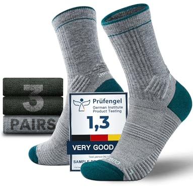 Juclise Merino Wool Hiking Socks Seamless Compression Moisture Wicking Anti-Blister Cushioned Walking Padded Mens (UK, Numeric, 8, 12, Regular, Regular, Olive*2 + Aqua Gray*1)