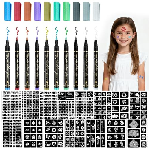 Kuvarix tatuering pennor barn, glitter tatuering set barn för huden med 10 färger tillfällig tatoo penna och 450 tatueringsmallar, tatueringspennor för vuxna födelsedagar fest halloween