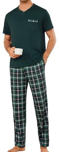 Leversic Men's Short Sleeve Pyjamas Top Long Plaid Sleep Pants Plus Size | V-Neck Pjs Top and Long Checked Pyjama Bottom Soft Comfortable Loungewear Set for Sleeping or Lounging at Home S-3XL