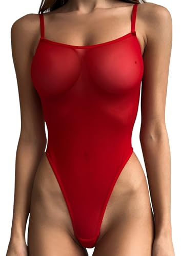 IBAKOM Body Sexy en Maille Transparente pour Femme Lingerie Bretelles Spaghetti Romper String, Combinaison de nuit pour Soirée Clubbing