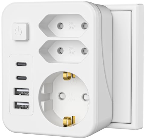 Glovios Presa multipla 7-in-1, Doppia Presa con 2 USBA e 2 USBC, Prese Elettriche da Muro con Interruttore, Multipresa Salvaspazio per Casa/Ufficio/Viaggio