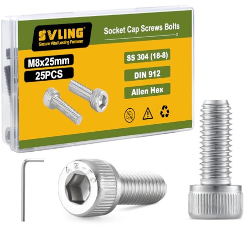 SVLING M8-1.25 x 25mm Bolt, 25PCS M8 Hex Socket Head Cap Screws Bolts, 304 Stainless Steel 18-8, Full Threads, Allen Socket Drive, with Hex Spanner