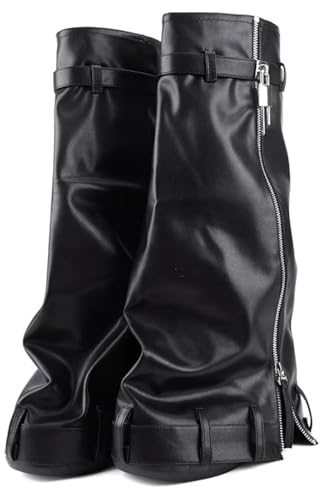 JilTrdWei Women's Knee High Fold Over Shark Boots, Slouch Platform Wedge