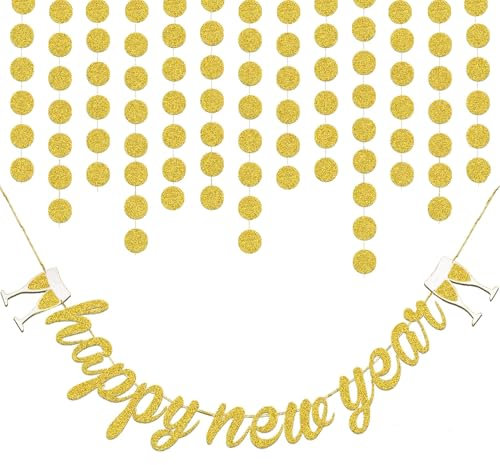 HOWAF Silvester Deko Set 2026, Gold Silvester Girlande Happy New Year Banner und Glitzer Kreis Punkte Girlande Hängend Dekorationen Neujahrsdeko 2026 Silvester Party Deko Accessories