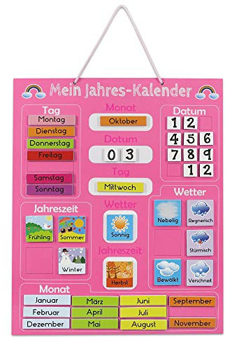 Navaris Kalender Tafel für Kinder - Lerntafel Jahreszeiten Uhr - Magnet Spiel Lernuhr - Kinderkalender Jahreskalender - magnetisch - rosa - deutsch