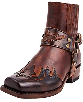 Hotberry Winterstiefel Herren Stiefeletten Retro Stickerei Cowboy Stiefel Westernstiefel Kurze Stiefel Fläche Rutschfest Herren Knöchel Stiefel Biker Boots mit Schnalle Motorradstiefel Winterstiefel