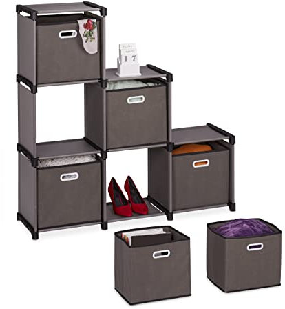 Relaxdays Stufenregal mit Boxen, DIY Steckregal mit 6 Fächern, HBT: 110 x 108 x 31 cm, Stahl & Vlies, Würfelregal, grau