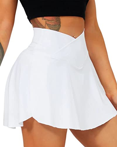 Navneet Gonna Tennis Donna con Pantaloncini sotto e Tasche Golf Sportiva Vita Alta, Bianca, L
