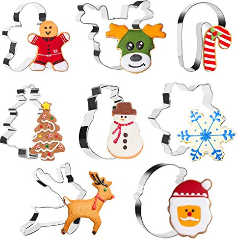 Christmas Cookie Cutter, Set 8 Christmas Biscuit Cutter - Santa, Snowflake, Christmas Tree, Reindeer, Gingerbread Man, Snowman, Candy Cane, Stainless Steel Xmas Cutter for Kids Baking