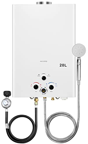 Tankless Water Heater Propane 5.26GPM 20L Outdoor Portable Gas Hot Water Heaters Instant Propane Water Heater with Digital Display Multi-Protection for Camping Trips Boat Cabins
