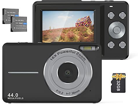 Camnoon 1080P 44 MP Digitalkamera Camcorder Autofokus 2,5 IPS-Bildschirm 16X Digitalzoom Anti-Shake-Gesichtserkennung, Lächelnerfassung mit 32 GB TF-Karte 2 Batterien, Geschenk für Kinder (Schwarz)