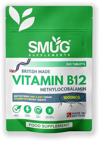 Vitamin B12 Tablets - British Made 365 Tablets by SMUG Supplements - High Strength 1000mcg Pills - Contributes to The Reduction of Fatigue and Tiredness - Suitable for Men and Women - Vegan Friendly