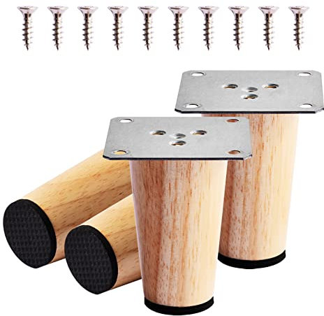 4 Piezas 8cm Patas de Muebles Madera, Cónicas Recto Patas Sofá Pies de Madera Maciza de Repuesto con Placa de Montaje Tornillos y Protector Antideslizante para Mesa Sofá Armario Cama Tocador Muebles
