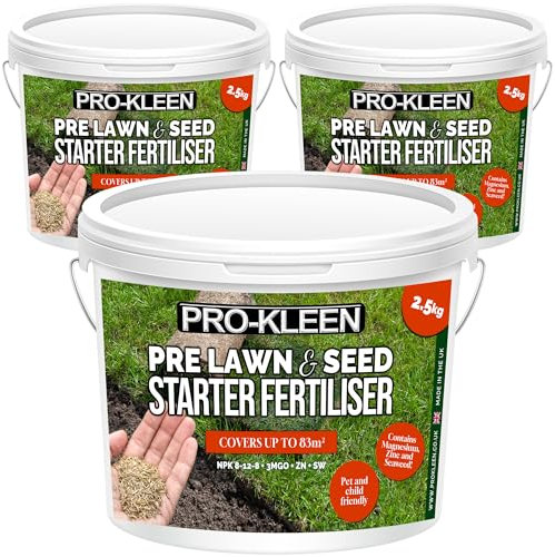 Pro-Kleen Pre Lawn & Seed Starter Fertiliser - Phosphorus Rich with Nitrogen, Potassium & Magnesium (NPK 8-12-8 + 3MgO) with Zinc & Seaweed - Non-Toxic & Non-Staining - Covers up to 249m2 (3 x 2.5kg)